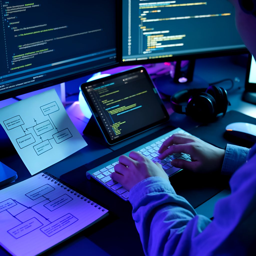 Profissional de marketing digital analisando dados em múltiplas telas com inteligência artificial