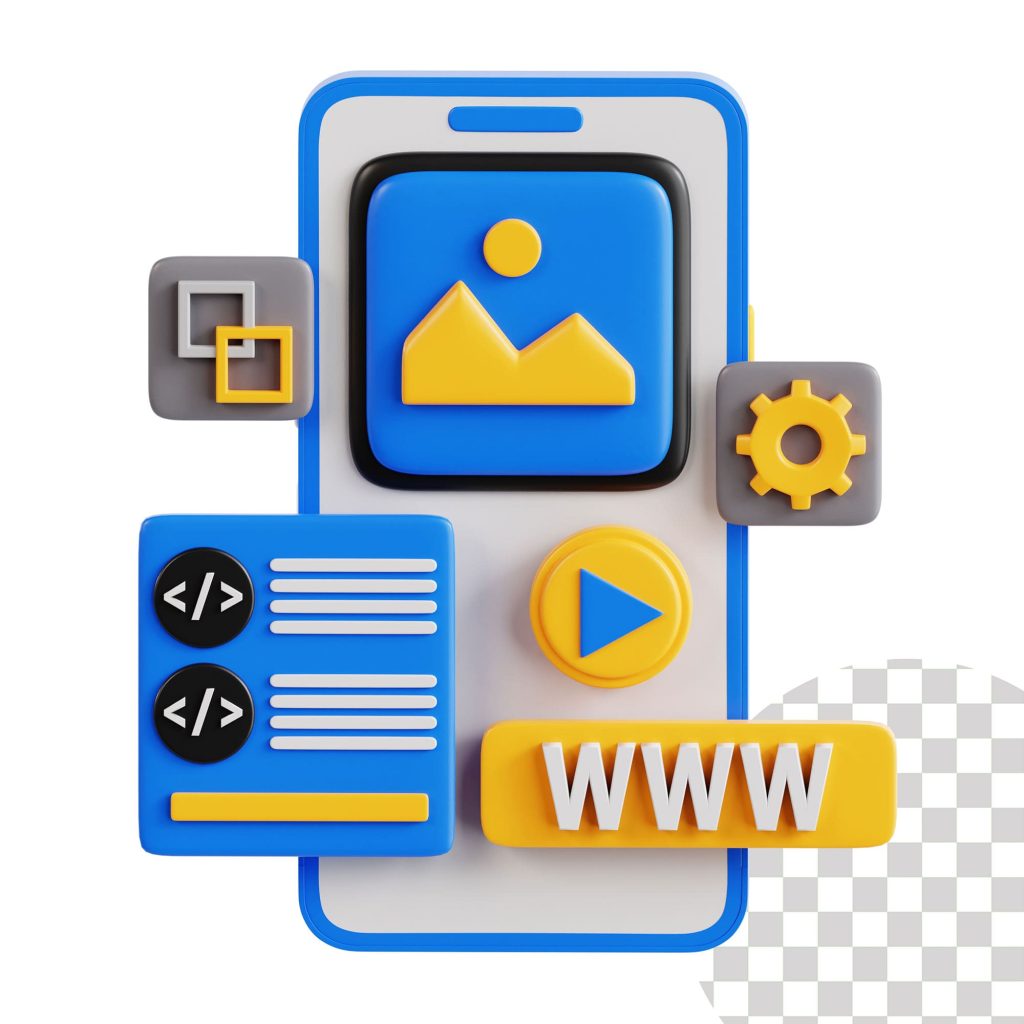 Ilustração de design responsivo com ícones de celular, engrenagens e www representando desenvolvimento de sites profissionais da Elemento Digital em Londrina.