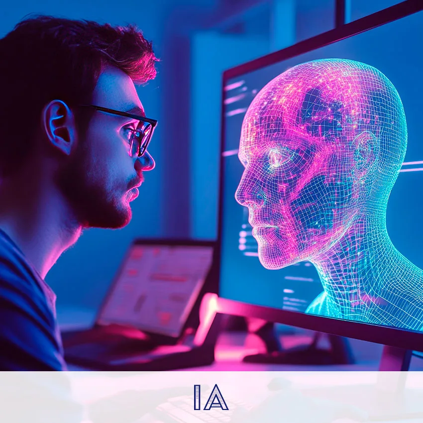 Homem interagindo com inteligência artificial representada por holograma de rosto digital