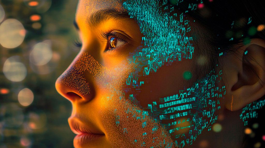 Mulher com elementos digitais simbolizando Inteligência Artificial e transformação digital na Elemento Digital em Londrina.