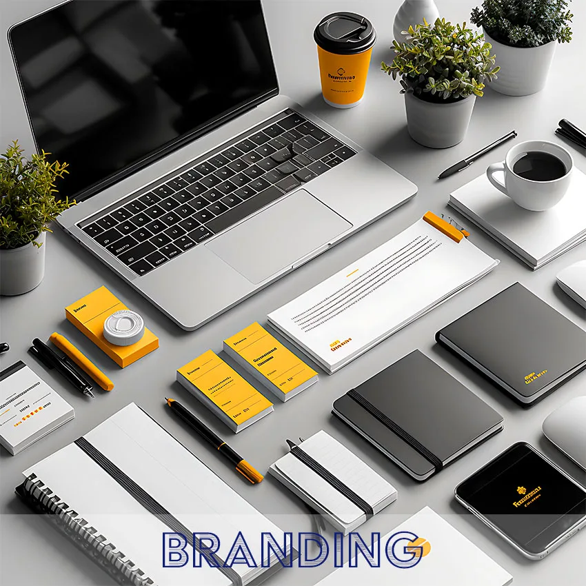 Mesa com materiais de identidade visual e design para projetos de branding.