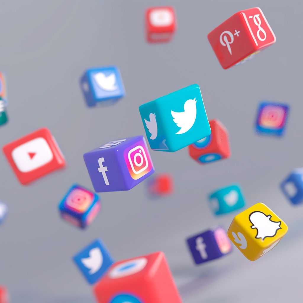 Ícones de redes sociais flutuando, representando gestão de mídias sociais, engajamento e marketing digital da Elemento Digital em Londrina.