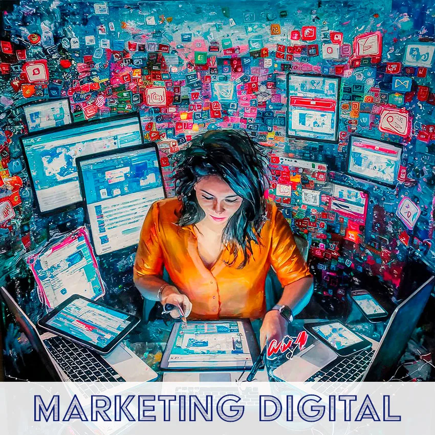 Mulher utilizando múltiplas plataformas digitais para gestão de marketing online