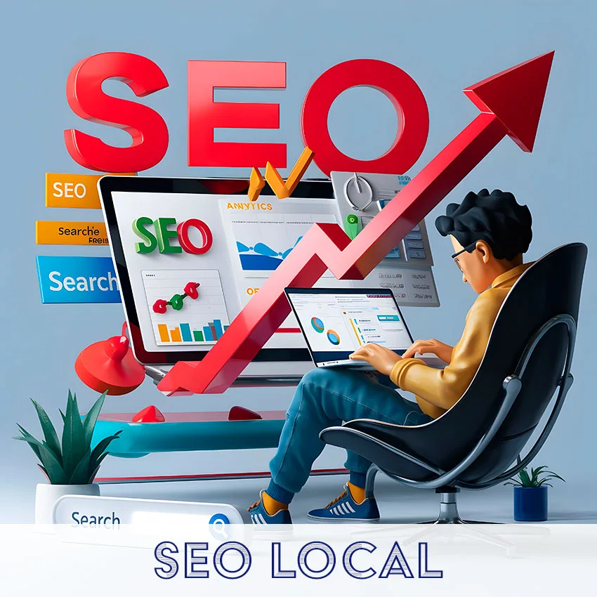 Pessoa analisando dados de posicionamento local com destaque para a palavra SEO e gráficos de crescimento