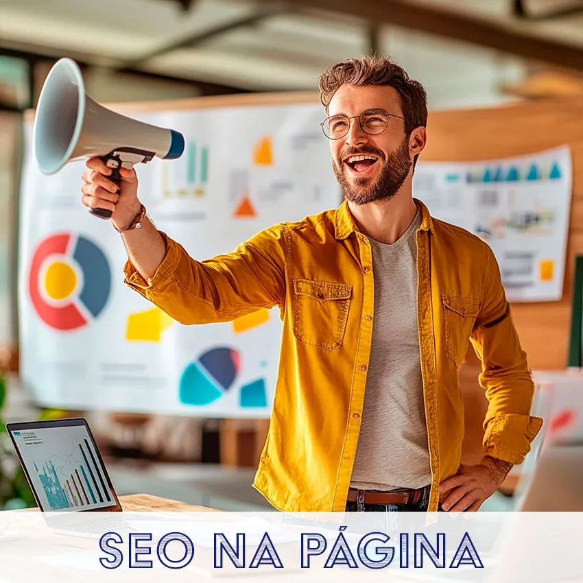 Profissional explicando estratégias de SEO na página com gráficos de desempenho ao fundo