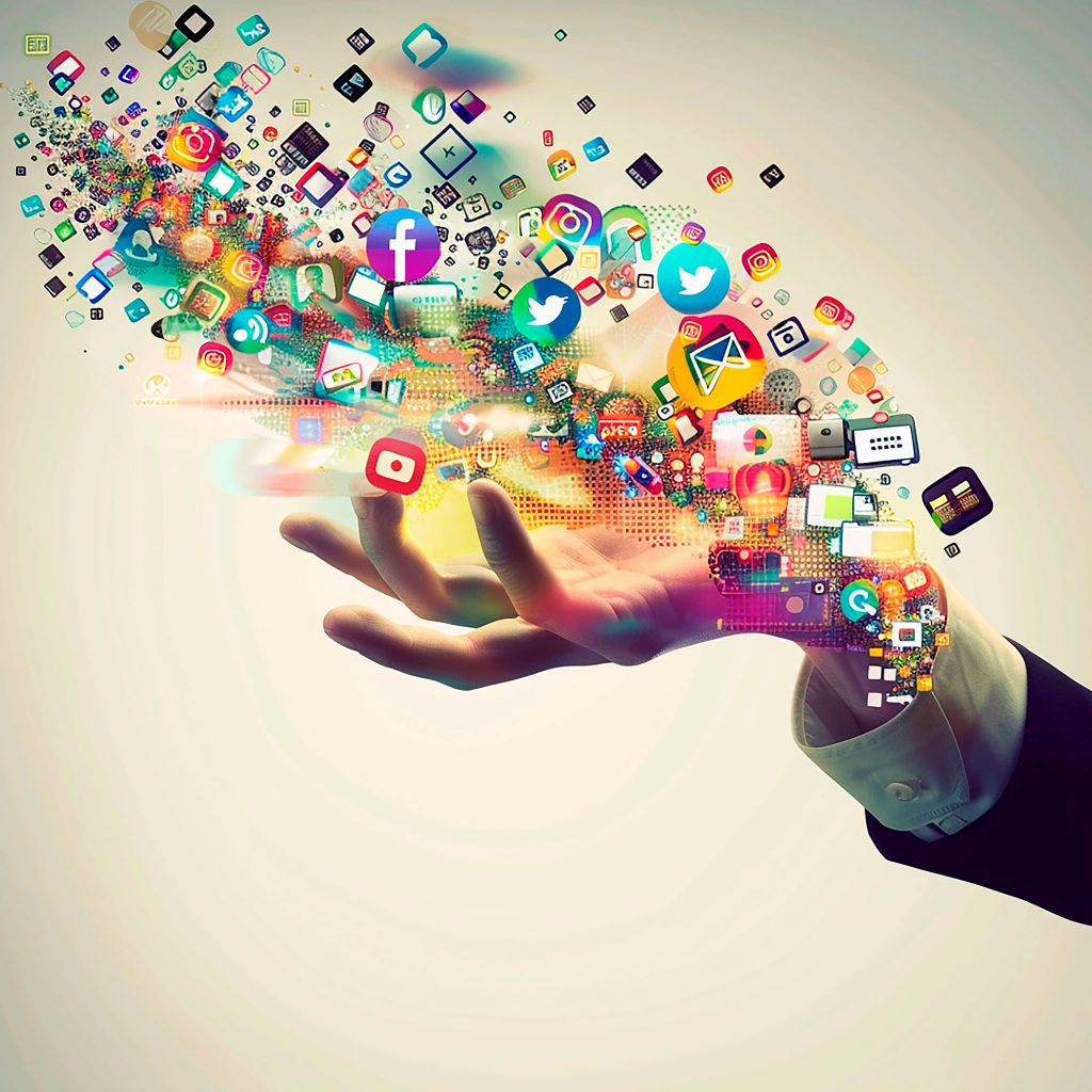 Mão segurando ícones digitais simbolizando tendências de marketing digital e tecnologia em 2026