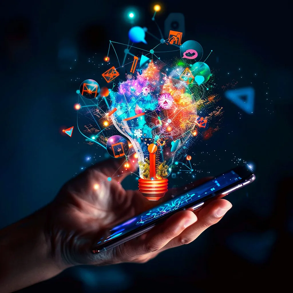 Celular com ícones digitais representando tendências de marketing digital para 2026