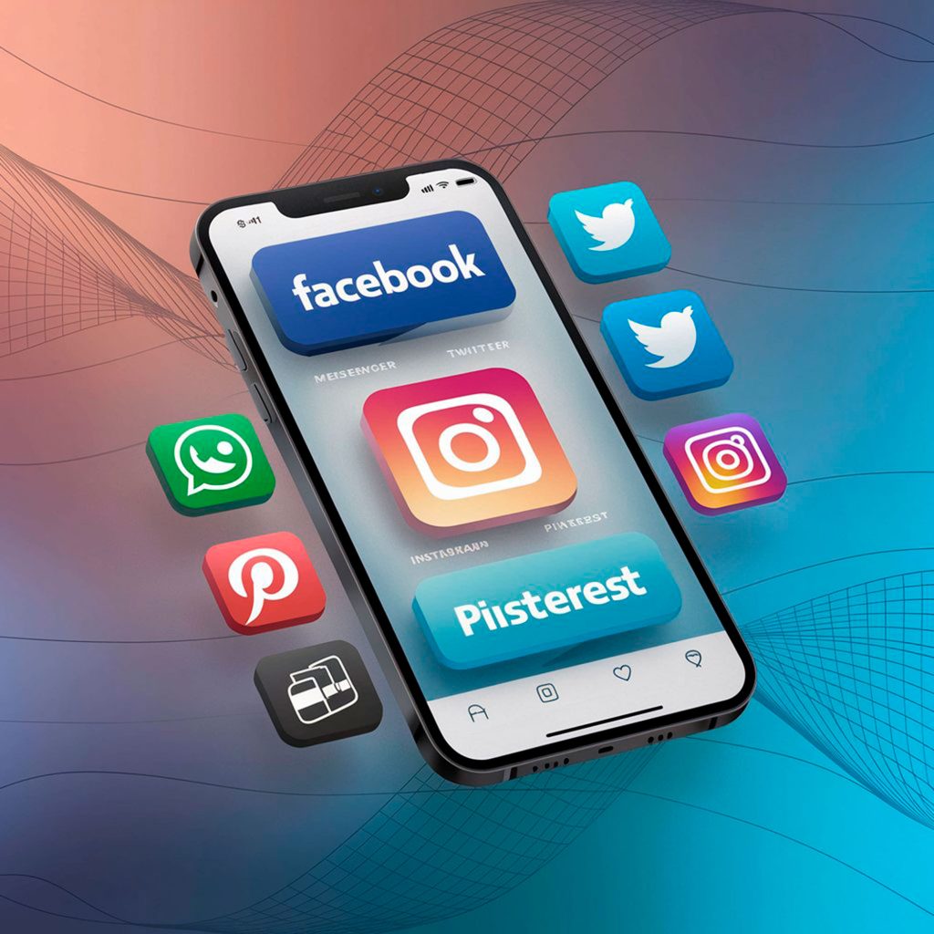 Celular com ícones de Facebook, Instagram e redes sociais direcionando tráfego para site próprio