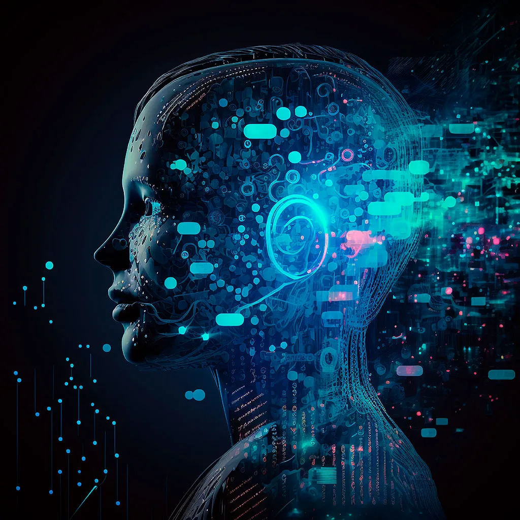 Inteligência artificial: perfil humano com circuitos azuis representando criação de vídeos e imagens com IA