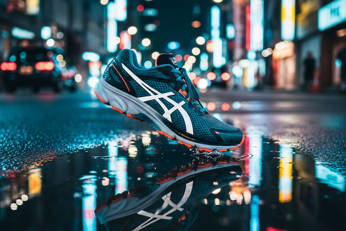 Imagem final gerada por IA — tênis em Tóquio com reflexos neon