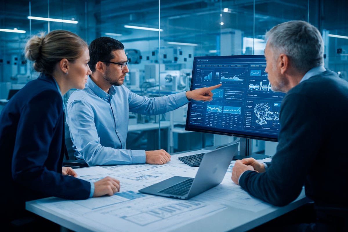Profissionais analisando dados industriais em ambiente corporativo moderno