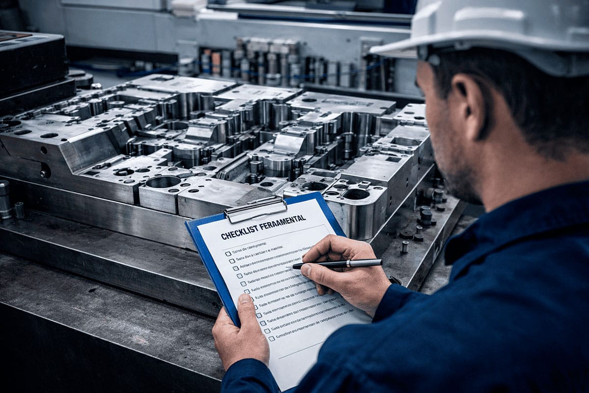 Inspeção técnica de molde metálico em ferramentaria industrial