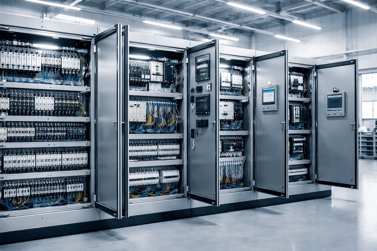 Painel elétrico industrial com componentes de automação e controle